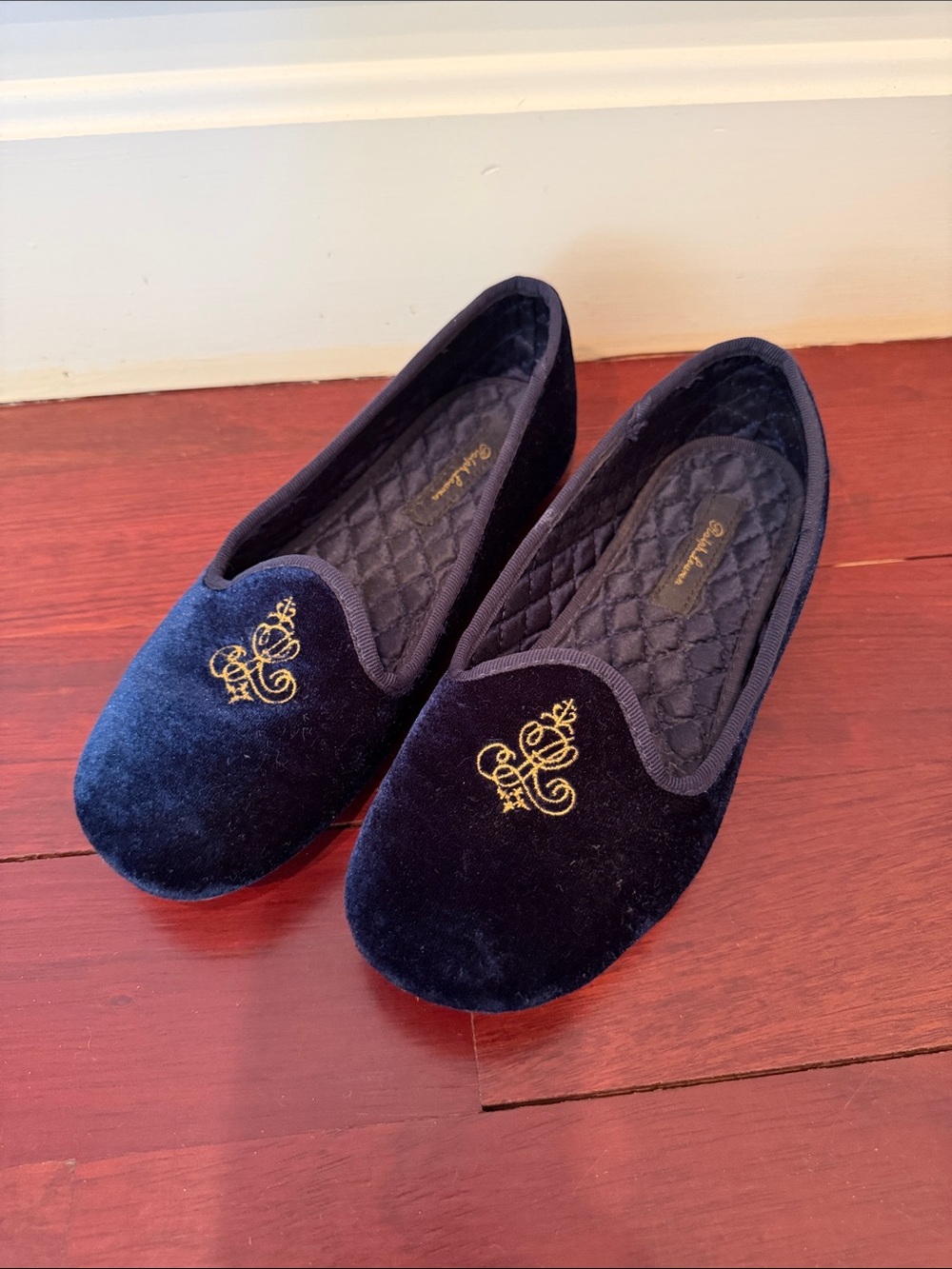 Ralph Lauren Monogrammed Navy Velvet Girl’s Slip-On Flats with Gold Crest sz 1.5
